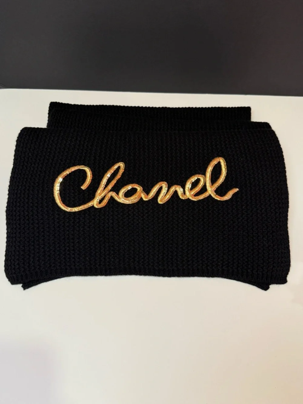 CHANEL Black Cashmere Logo Scarf Embroidered Sequin Cursive Logo-Season 2022